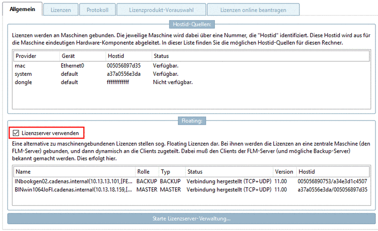 Tabbed page "General"-> Use FLM server