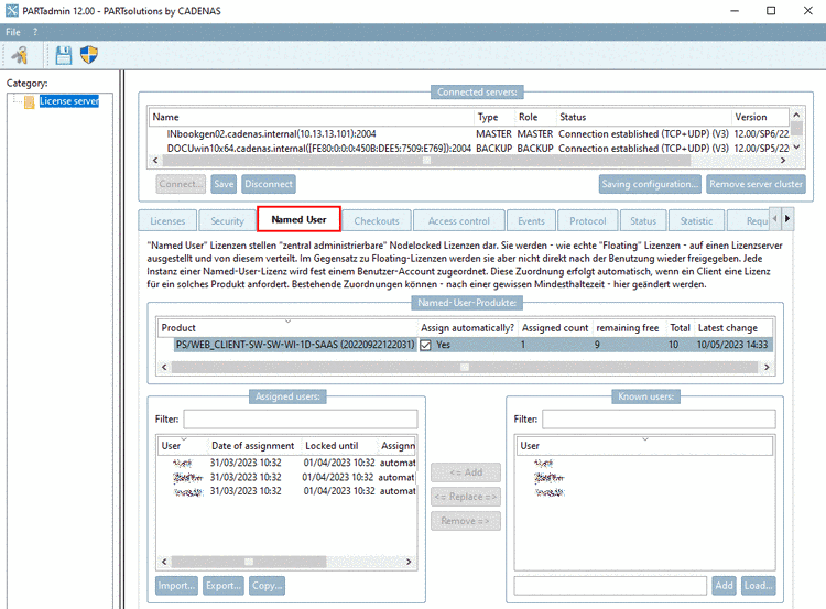 "Named User" tabbed page