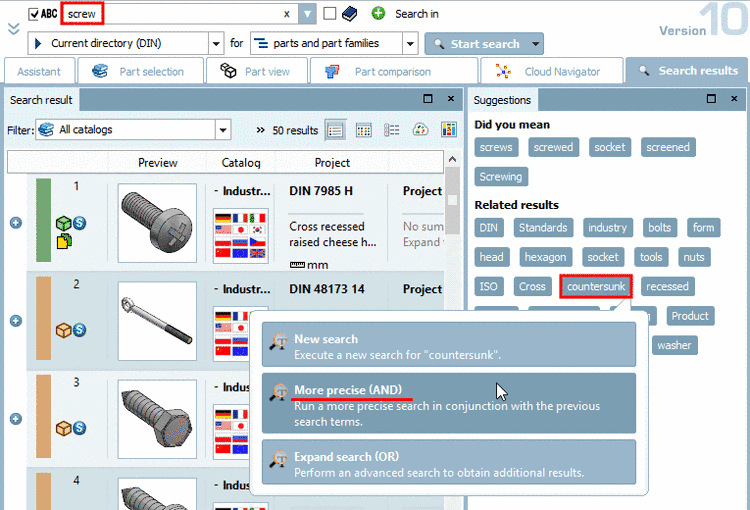 Modify search with related terms of search results (example: "More precise (AND)")