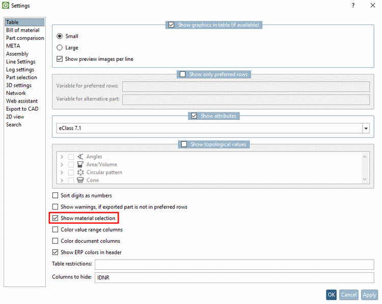 Show material selection