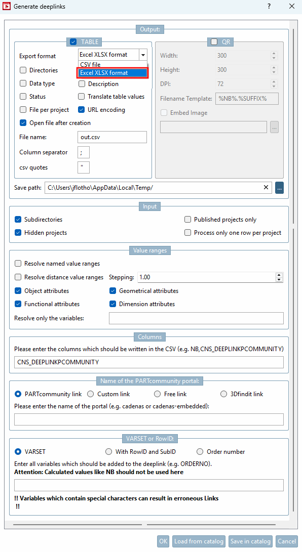 PARTproject > Sélection du projet [Project selection] > Menu contextuel sur le répertoire > Sortie [Output] > Créer des liens profonds [Generate deeplinks]