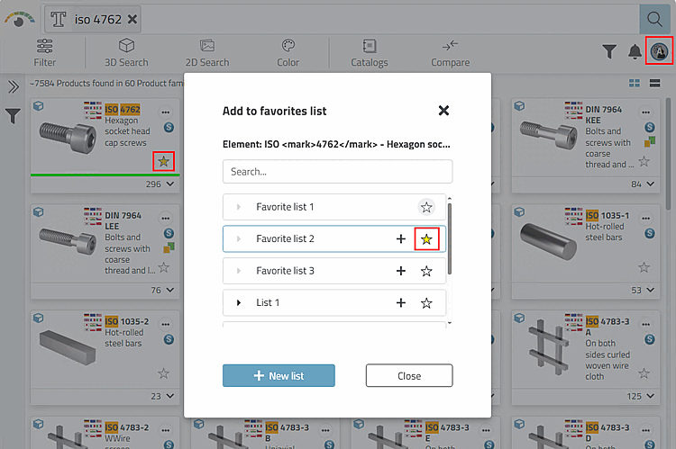 Ici, la famille de pièces ISO 4762 a été marquée comme favorite et attribuée à la liste "Favorite list 2".