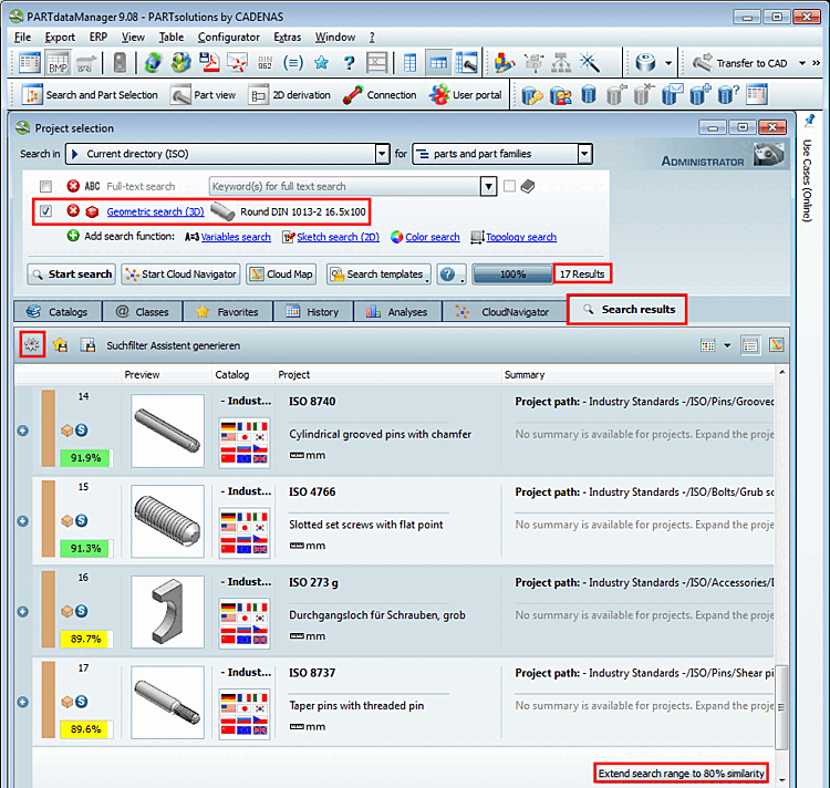 Dans l'illustration, le bouton affiche la valeur "Etendre l'espace de recherche à 80% de similitude". La valeur par défaut était de 90%. Avec les paramètres par défaut, la valeur en pourcentage diminue de 10 points de pourcentage à chaque clic et la recherche est à nouveau effectuée.