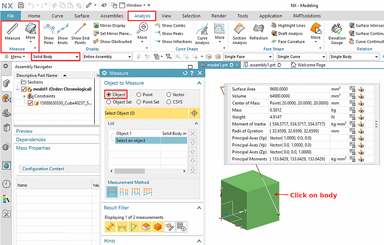 Exemple à partir de NX 1899 : Analysis > Measure > Selection Filter "Solid Body" > Measure dialog (Object) > click on body