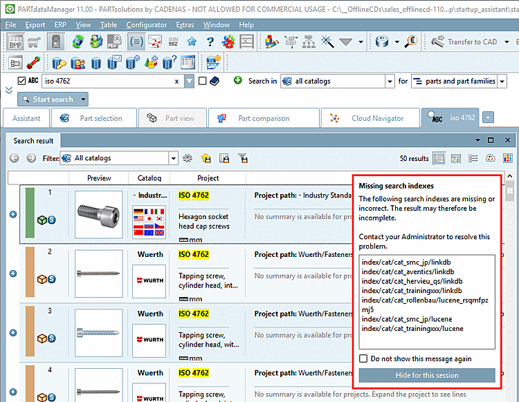 Message "Index de recherche manquants [Missing search indexes]" dans PARTdataManager