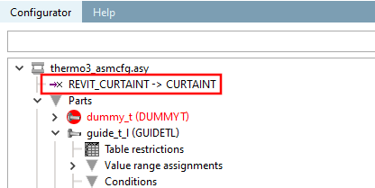 Point d'attache de placement dans la configuration (ici dans l'exemple "REVIT_CURTAINT -> CURTAINT")