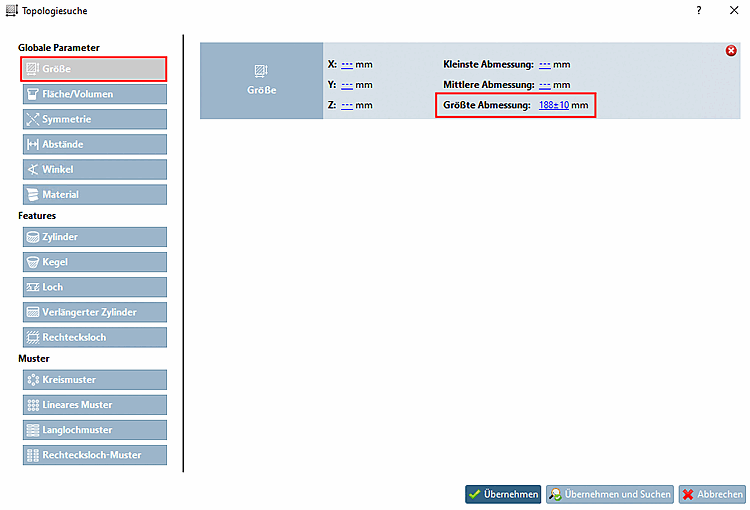 Recherche par topologie [Topology search] > Taille [Size] > Dimension la plus grande [Major Dimension]
