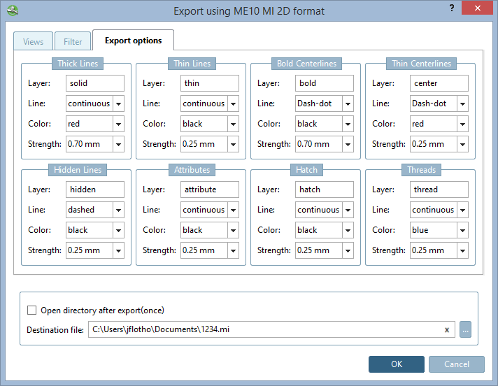 Page d'onglet "Options d'exportation [Export options]" - ME10 MI 2D