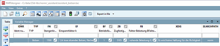 Tableau dans PARTdesigner