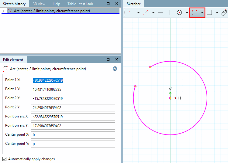 Arc sur le centre, point sur la circonférence et 2 points limitatifs [Arc (center, 2 limit points, circumference point)]: résultat