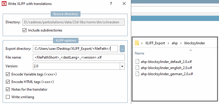 Exemple avec des caractères génériques pour "Répertoire d'exportation [Export directory]" et "Nom de fichier [File name]".