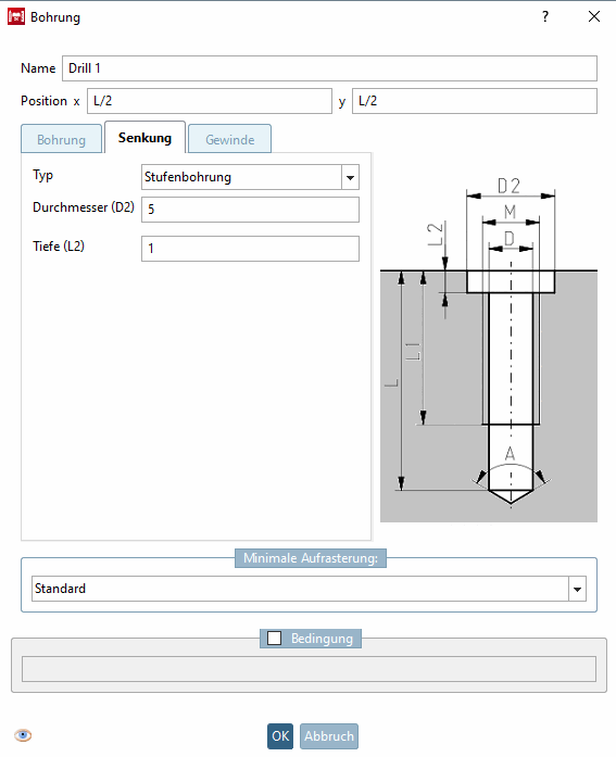 Page d'onglet "Abaissement [Countersink]
