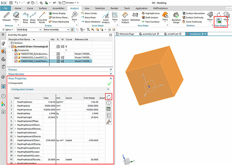 Exemple à partir de NX 1899 : Analysis->Show Mass Properties->Développer les propriétés de masse sur l'onglet Assembly Navigator -> Mise à jour
