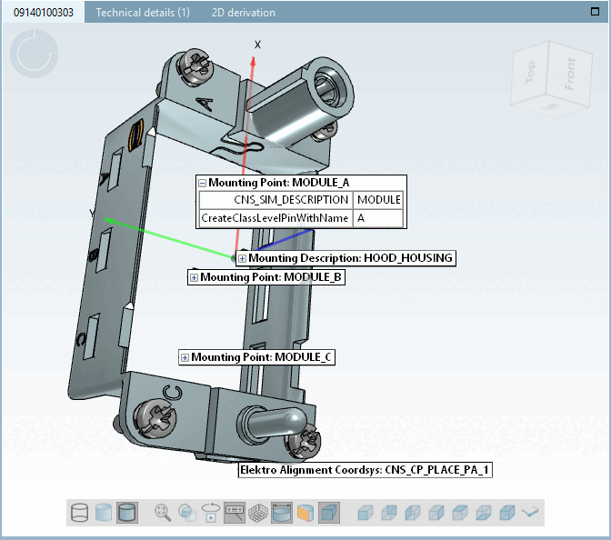 Label dans la vue 3D dans PARTdataManager : <Nom de classe> (ici Mounting Point):<Valeur de la caractéristique "Description">.