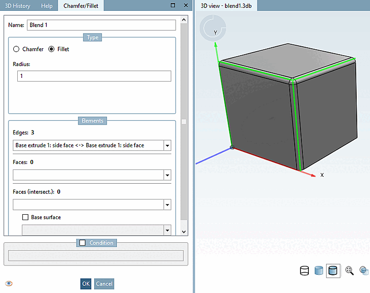Mode d'édition avec fenêtre d'ancrage "chanfrein/arrondi [Chamfer/Fillet]" ouverte