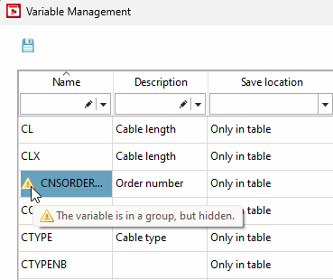 Exemple d'avertissement : "La variable est dans un groupe, mais cachée [The variable is in a group, but hidden.]".