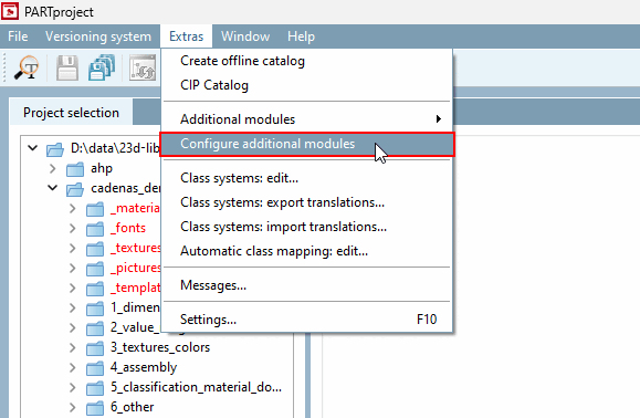 Outils [Extras] → Configurer les modules supplémentaires [Configure additional modules]