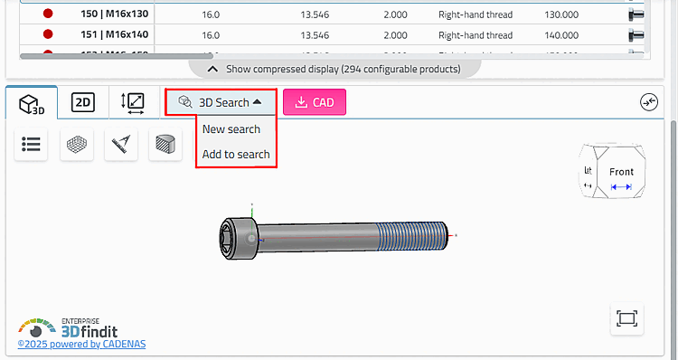 Vue des pièces -> bouton "Recherche 3D [3D Search]