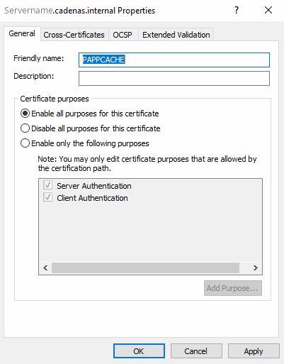 Boîte de dialogue « Propriétés » d'un certificat
              dans certlm.msc, avec le champ « Nom d'affichage » dans lequel est saisi
              PAPPCACHE.