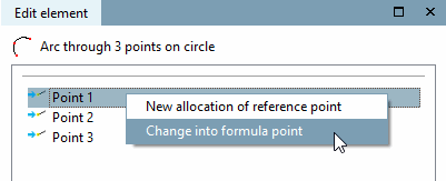 Convertir en point de formule [Change into formula point] / réaffecter le point de référence [New allocation of reference point]