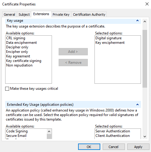 Propriétés du certificat > Extensions