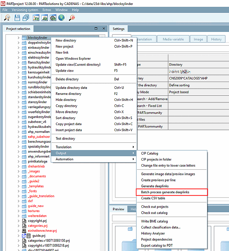 Commande de menu contextuel Sortie [Output] > Exécution par lots Créer des liens profonds [Batch process generate deeplinks]