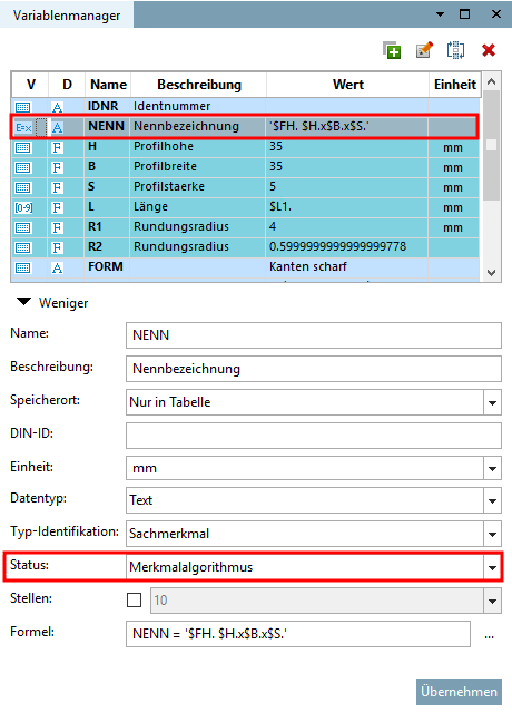 Exemple : variable avec statut [Status] "algorithme de caractéristique [Attribute algorithm]