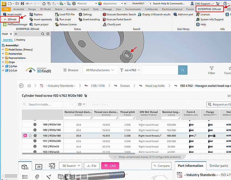 Appeler 3Dfindit via l'option de menu "ENTERPRISE-3Dfindit" -> sous-option "3Dfindit" et exporter la pièce dans la CAO