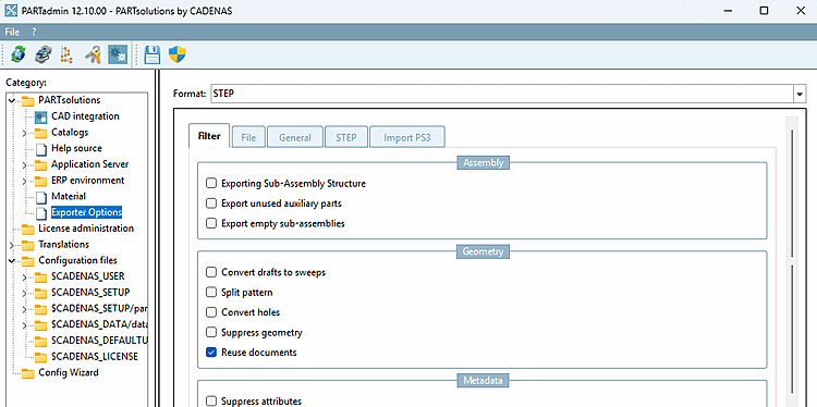 Exemple d'options de réglage pour STEP