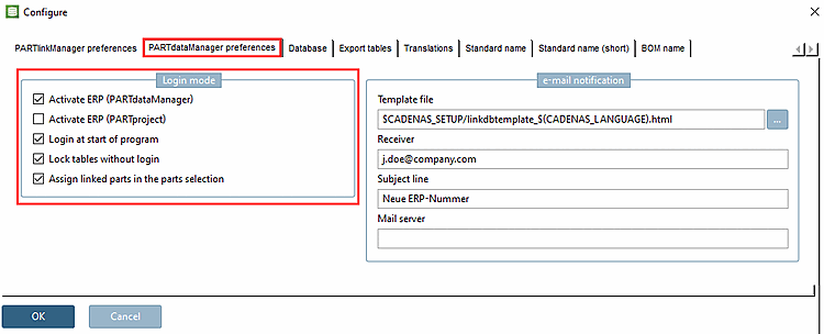 PARTlinkManager -> Menu Outils [Extras] -> Configurer l'environnement ERP [Configure ERP environment] -> Onglet Paramètres PARTdataManager [PARTdataManager preferences] -> Mode de connexion [Login mode]