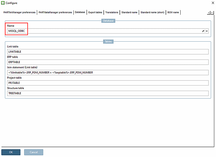 PARTlinkManager ➝ Outils [Extras] ➝ Configurer l'environnement ERP [Configure ERP environment] ➝ Onglet Base de données [Database] ➝ Base de données [Database] ➝ Nom [Name]