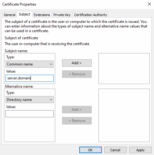 Propriétés du certificat > Demandeur