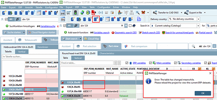 Exemple dans PARTdataManager : l'utilisateur 1 a attribué un numéro ERP pour la ligne 136. L'utilisateur 2 souhaite attribuer un numéro pour une autre ligne (ou la même). -> Un message d'erreur apparaît. Solution : le tableau doit être rechargé pour que l'état actuel réel soit affiché.