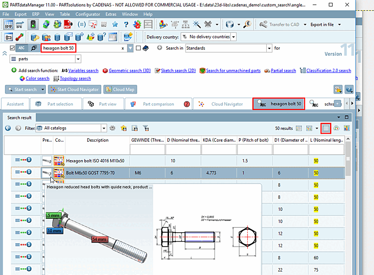 Résultats de la recherche [Search results] en mode "Tableau