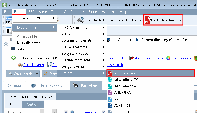 Exportation PDF Datasheet dans PARTdataManager