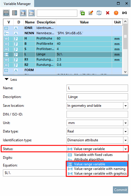 PARTdesigner - Gestionnaire de variables [Variable Manager]: options de sélection sous "État [Status]".