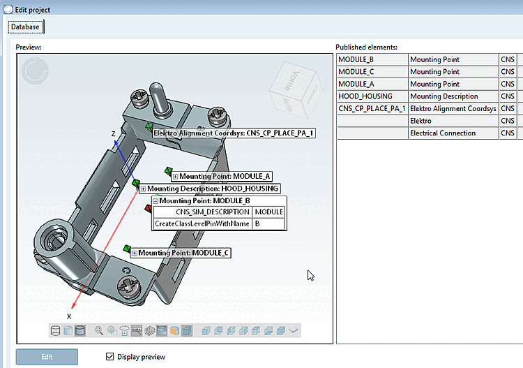Label dans la vue 3D dans PARTproject : <Nom de classe> (ici Mounting Point):<Valeur de la caractéristique "Description">.
