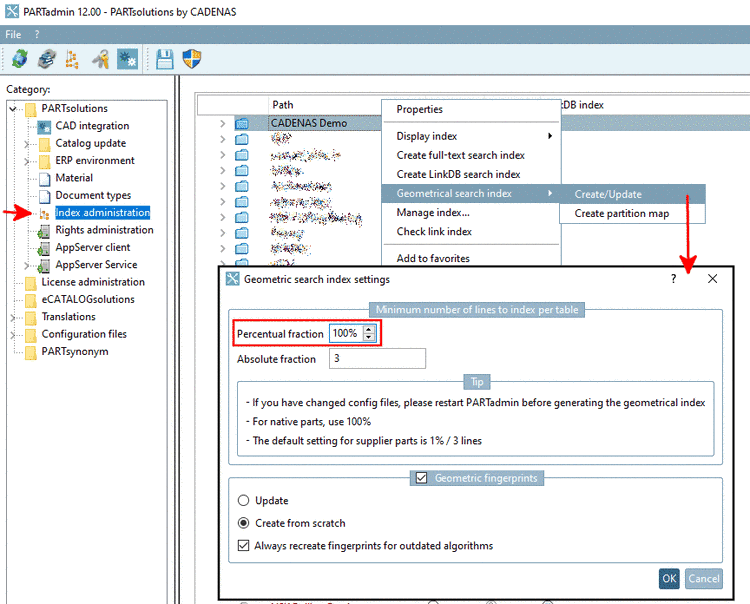PARTadmin -> Index administration -> Geometrical search index -> Create/Update -> Percentage fraction