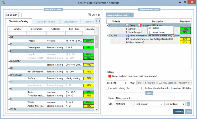 In this example on the left side, the tabbed page "Variable -> Catalog" is chosen.