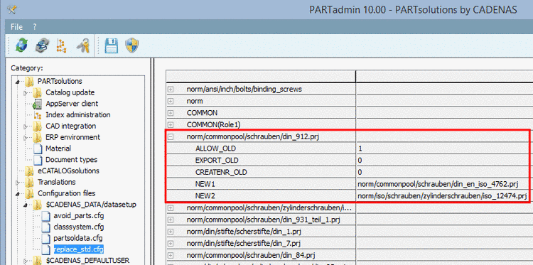 PARTadmin -> Category "Configuration files" -> $CADENAS_DATA/datasetup -> replace_std.cfg