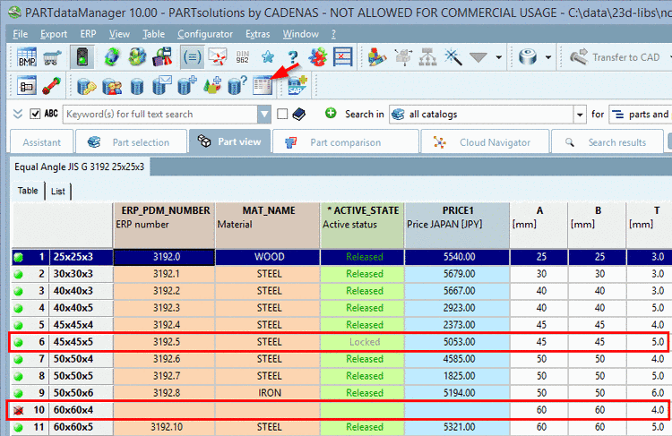Preferred rows off: all rows are displayed. The rows 6 and 10 are not according to the preferred rows condition und so are hidden when activating the function. See next figure.