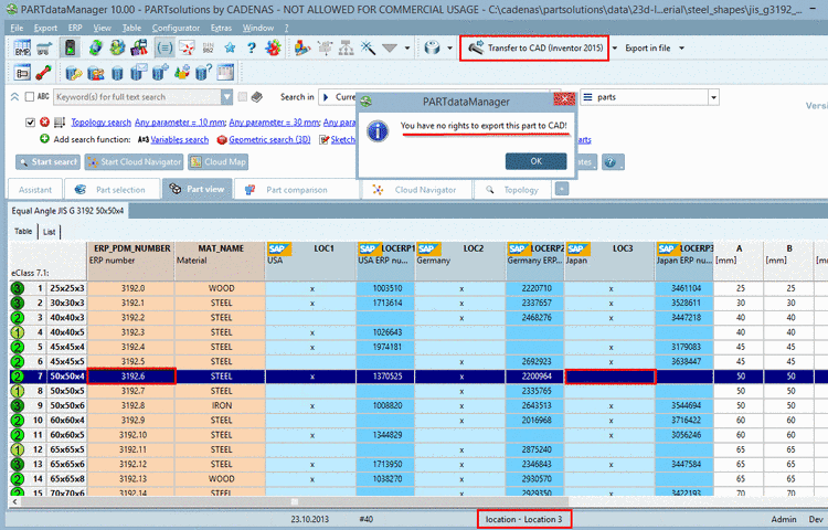 Line 7 cannot be exported. A notification message is displayed.