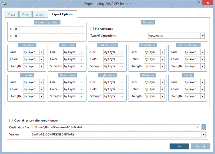 Tabbed page "Export options" - AutoCAD DWF 2D
