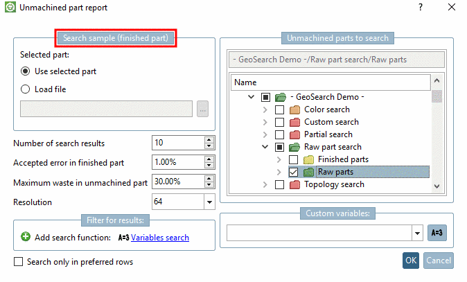 Search unmachined parts for finished part