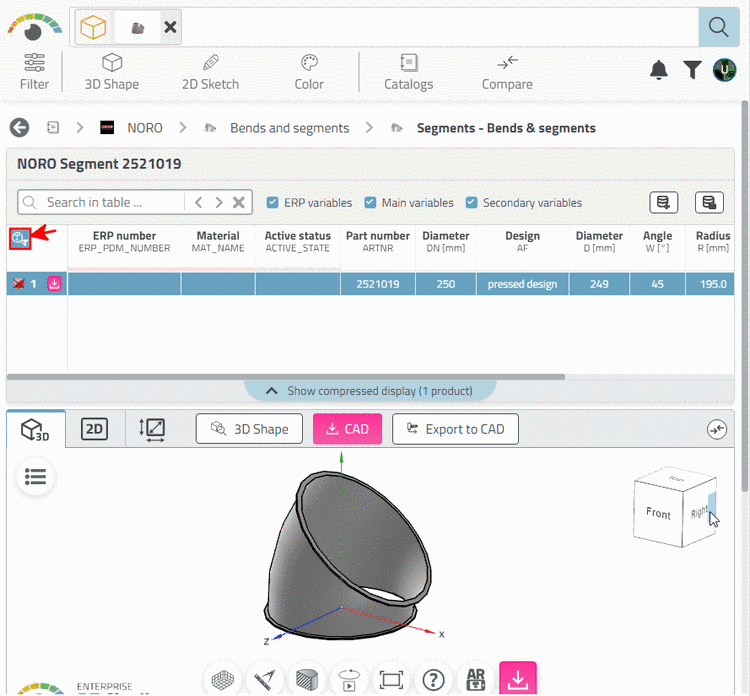 Result part in part view