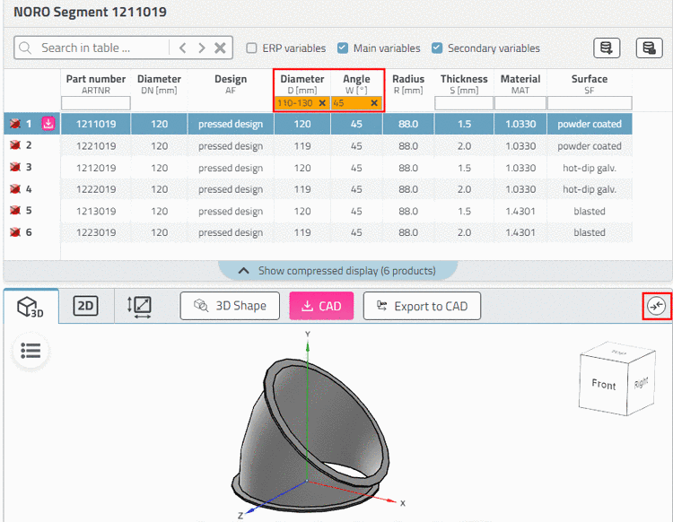 Filter table for diameter and angle