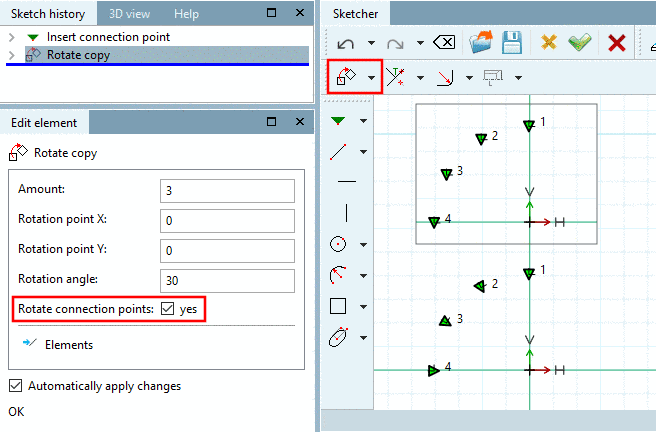 Rotate connection points: In the Sketcher on top the option is disabled, below enabled.