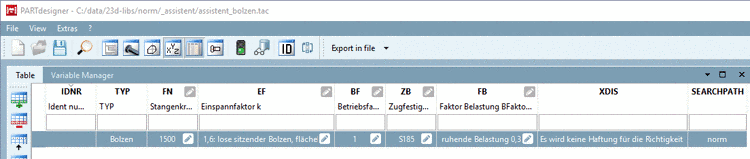 Table in PARTdesigner