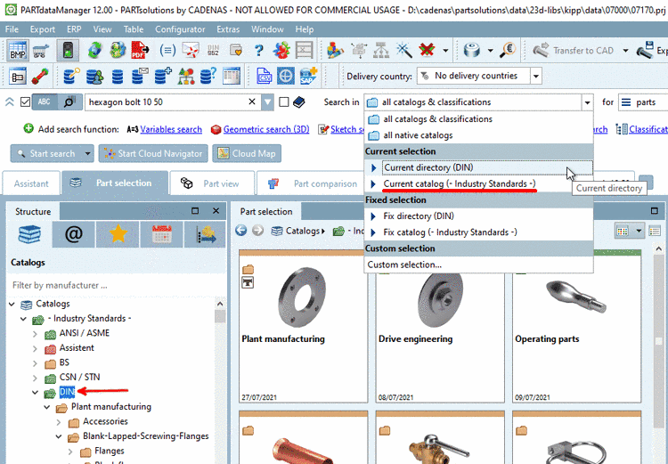 In this exemplary figure the catalog displayed under "Search in" would not be changed when changing from DIN to ISO in the index tree.
