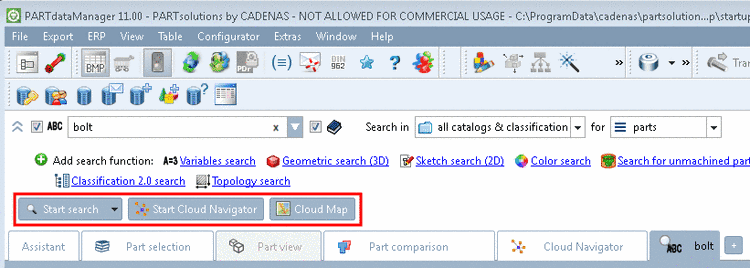 "Start search" or "Start Cloud Navigator" or "Cloud Map"